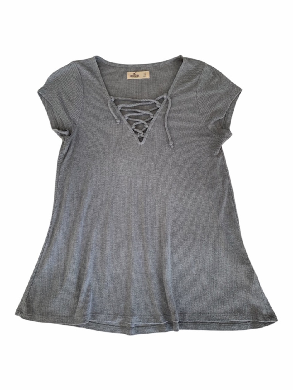 Hollister Shirt Women’s XS Gray Criss Cross Lace Up V-Neck Ribbed Short Sleeves